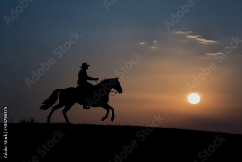 Wrangler riding horse sunset. Generate Ai