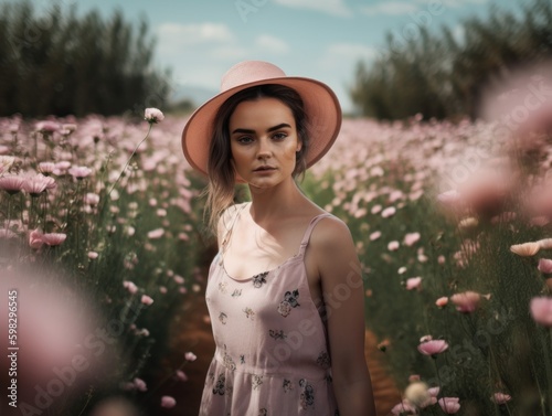 An Influencer Female Model Walking Through a Flower Field During Afternoon created with Generative AI technology