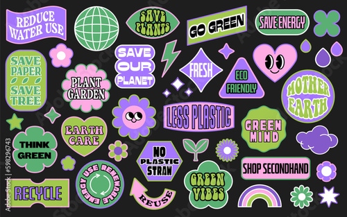 Save the planet stickers in trendy retro cartoon groovy style. World Environment Day clipart big set. Eco green ecology concepts. Less plactic, eco friendly, zero waste, recycling, green vibes.