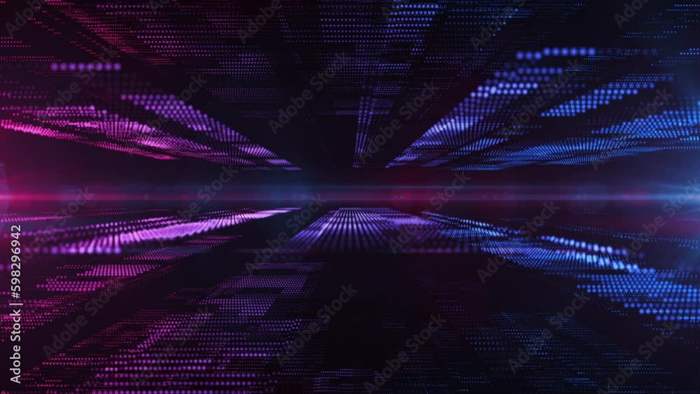 A glowing neon colored blue and pink grid network of blinking digital ...