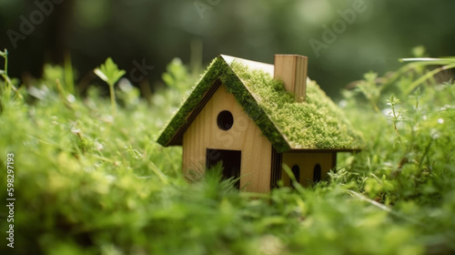 A charming wooden miniature house surrounded by lush greenery showcases an eco-friendly lifestyle, emphasizing the importance of sustainable living and environmental consciousness. Generative AI. © Fortis Design