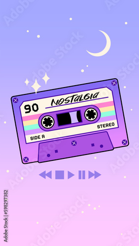 90s nostalgia aesthetic social media stories template design. Abstract retro background. Kawaii cute illustration. Compact cassette, Moon, stars.