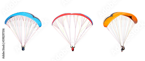 collection Bright colorful parachute on white background, isolated. Concept of extreme sport, taking adventure challenge.