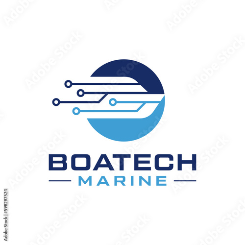 Modern logo combination of ship and circuit. It is suitable for ship technology companies.