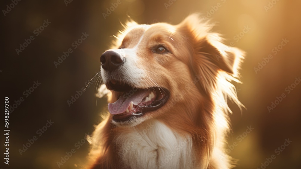 A joyful young Labrador retriever plays gleefully in the sunlit park, embodying the spirit of happiness and friendship that dogs bring to our lives. Happy golden retriever. Canine love. Generative AI.