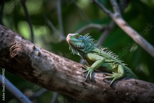 Green iguana perched on a tree branc