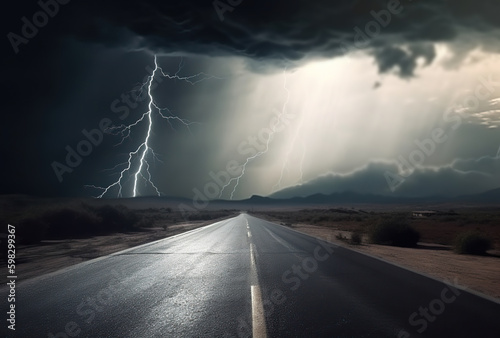 background of stormy weather and lightning on an open country road, in the style of an apocalyptic collage. Country road with lightning and dark clouds. .Photorealistic landscapes. AI