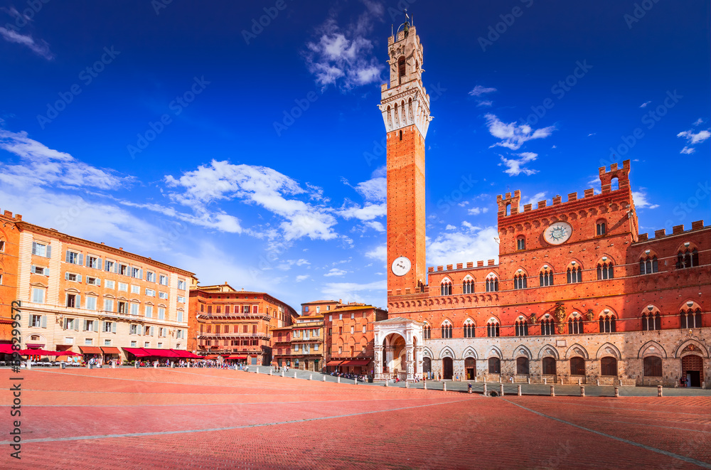 Siena, Italy. Medieval shell-shaped Piazza del Campo with Palazzo Pubblico, Tuscany.