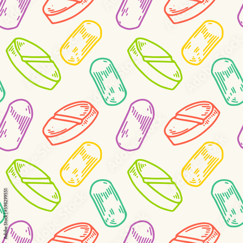 Pills seamless pattern. Hand drawn vector background in doodle sketch style. Pharmacy medical design