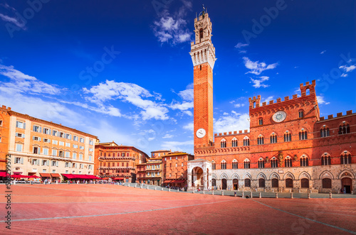Siena, Italy. Medieval shell-shaped Piazza del Campo with Palazzo Pubblico, Tuscany.