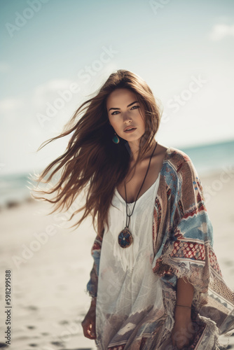 attractive young woman on the beach, summer boho fashion, generative ai