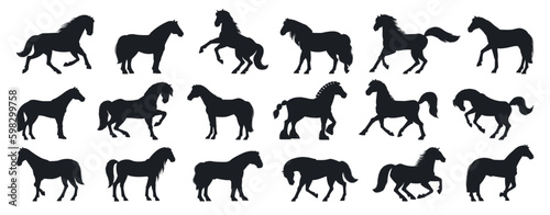 Cartoon horses silhouette. Domestic animals of different breeds and poses flat vector illustration set. Graceful farm horses silhouettes photo