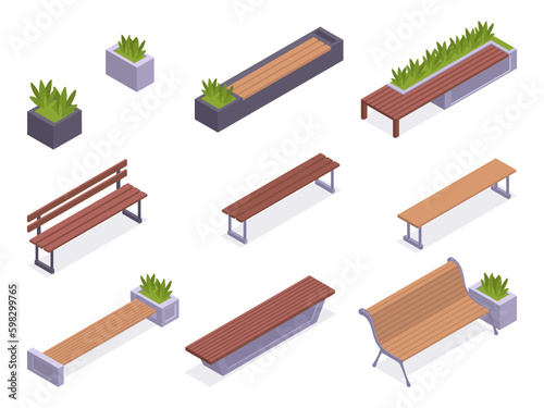 Isometric garden benches. Wooden summerhouse backyard or city park bench, modern bench with planting of greenery 3d vector illustration set. Garden furniture collection