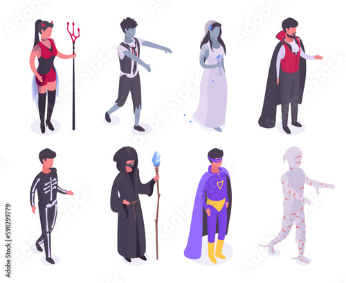 Isometric halloween party characters. Mummy, wizard, zombie and vampire carnival costumes. Halloween party masquerade 3d vector illustration set
