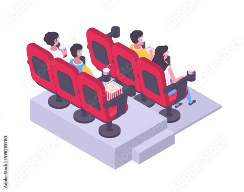 People watching film. Isometric movie theatre visitors sitting in cinema red chairs with popcorn, soda pop and 3d glasses vector illustration on white background