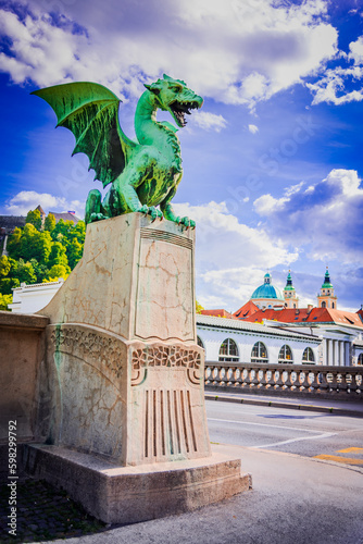Ljubljana, Slovenia. Dragon Bridge, symbol of the city.