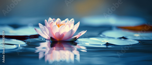 Blooming lotus flower, zen and tranquility, surrounded by green leaves and calm water in serene natural setting. Beautiful blossom, purity, elegance, and yoga and meditation practices. Generative AI.