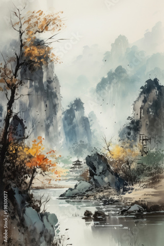 Chinese outdoor ink landscape painting photo