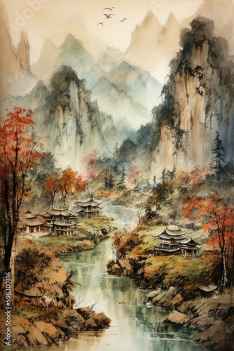 Chinese outdoor ink landscape painting
