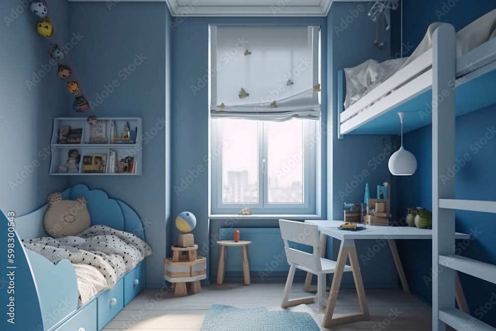 Modern childrens room, clean minimalistic interior design, light blue ...
