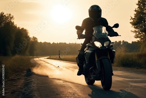 A motorcyclist on a sports bike rides the streets and highways  generative AI.