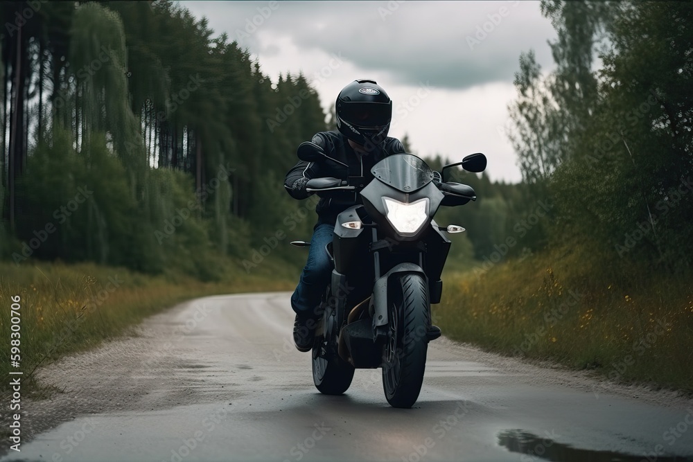 A motorcyclist on a sports bike rides the streets and highways, generative AI. A motorcyclist on a sports bike rides the streets and highways, generative AI.