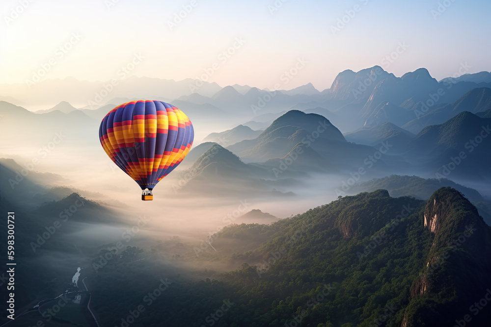 Colorful hot air balloons flying above high mountain at sunrise with beautiful sky background
