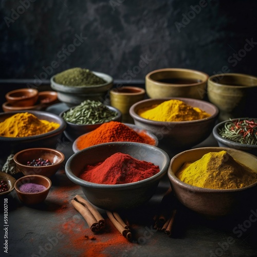 Various Spices and Herbs in Rustic Bowls on Dark Moody Background. Generative ai