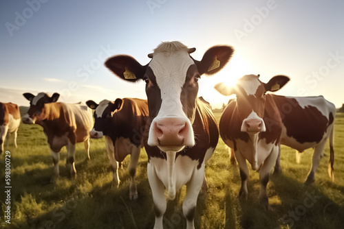 Group of cows stand upright on the edge of a meadow in a pasture, looking at camera. generative ai