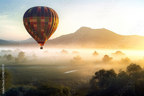 Colorful hot air balloons flying above high mountain at sunrise with beautiful sky background