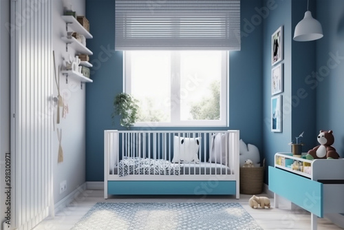 Modern childrens room, clean minimalistic interior design, light blue and white colors. Super photo realistic background, generative ai illustration.