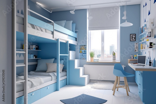 Modern childrens room, clean minimalistic interior design, light blue and white colors. Super photo realistic background, generative ai illustration.