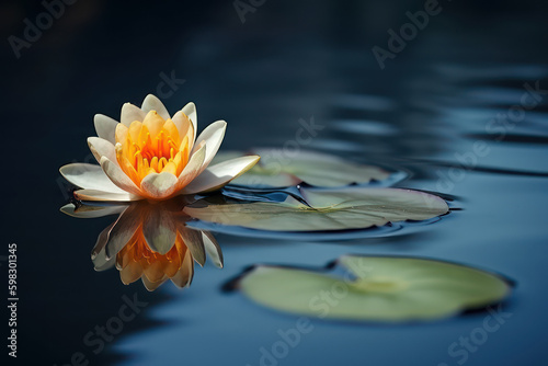 A tranquil zen scene unfolds as a beautiful lotus flower  symbolizing meditation and serenity  floats on calm water with delicate petals and exotic allure. Sense of relaxation. Generative AI.