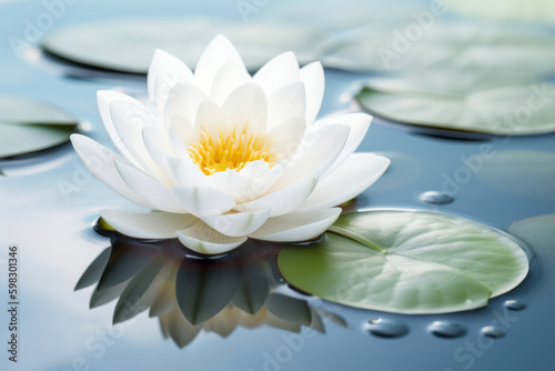 A tranquil zen scene unfolds as a beautiful lotus flower, symbolizing meditation and serenity, floats on calm water with delicate petals and exotic allure. Sense of relaxation. Generative AI.