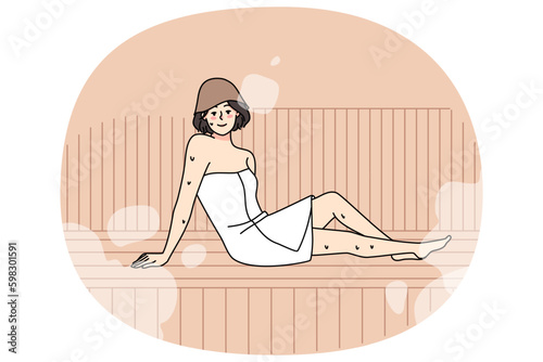 Happy young woman in towel relax in sauna enjoy bodycare procedures. Smiling girl rest in bathhouse with hot steam, take acre of health and wellness. Flat vector illustration. Generative AI