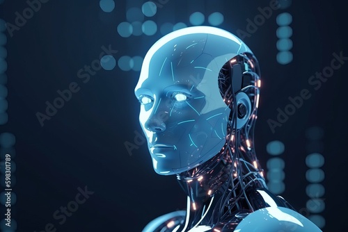 Futuristic robot artificial intelligence enlightening AI technology concept, 3d rendered illustration of a head, person in the space, Generative AI