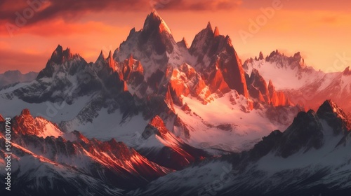 Panoramic View of Majestic Mountain Range at Sunset, Warm Hues Reflecting off Snow-Capped Peaks. Generative ai