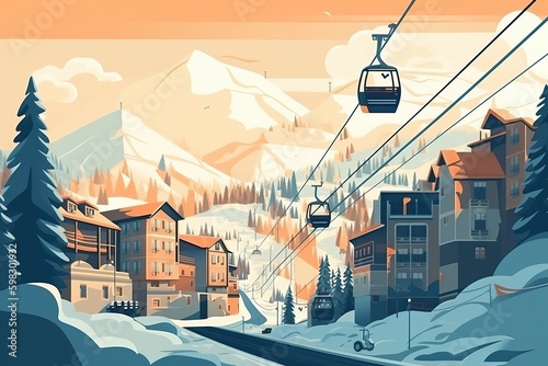 A ski resort high in the snowy mountains, generative AI.
