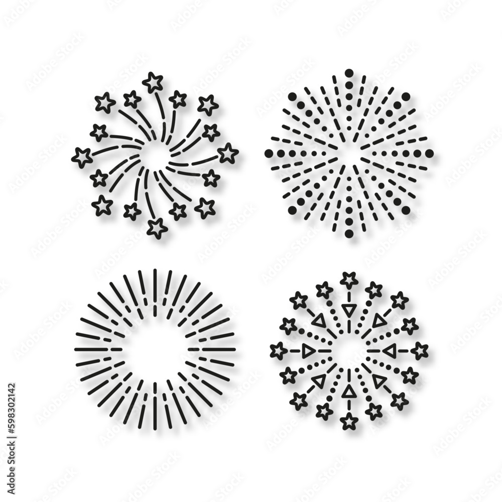 Obraz premium Happy new year shiny symbol. Firework icon. Set of burst stars and sparks. Line sparkle explosion. Vector illustration. Outline birthday party elements isolated on white background.