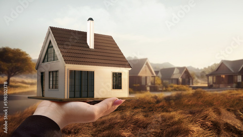 Moving into new house. Female hand holding 3D house model over country style landscape with small buildings. Concept of real estate, buying house, mortgage, ownership, business, property