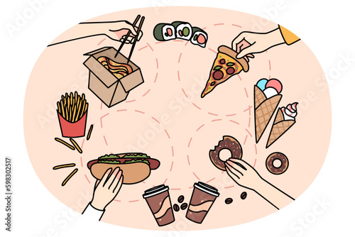 Top view of people eating various kinds of fast food. Person having fasfood meals, enjoy pizza, hotdog, sushi and donut. Unhealthy eating habit, nutrition problem. Vector illustration. Generative AI