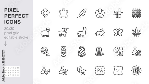 Fabric material line icon set. Linen, leather, cotton, bamboo, cashmere, mohair minimal vector illustration. Simple outline sign for clothing textile feature. 30x30 Pixel Perfect, Editable Stroke photo