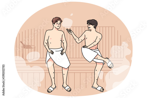 Happy male friends in towels relax in sauna on weekend together. Smiling men enjoy bathhouse relaxation, rest in spa or wellness center. Relaxation and recreation. Vector illustration. Generative AI