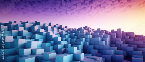 abstract blue and purple cube world background with sunset and clouds generative ai