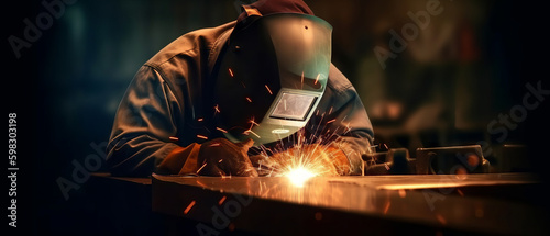 A skilled welder in a manufacturing factory wearing a protective mask and helmet, working with metal equipment and tools. Precision and expertise. Sparks and smoke in industrial setting. Generative Ai