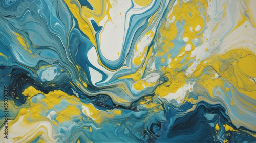 A stunningly vibrant abstract background with graceful paint swirls in shades of blue and yellow creates a luxurious and dynamic design that is both elegant and contemporary. Generative AI