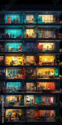 Illuminated Interior Colorful Apartment at Night with Many Balconies. Generative ai