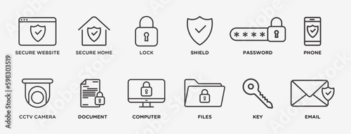 Safety security icon set. Secure website, secure home, lock, shield, password, phone, CCTV camera, document, computer, files, key, and email, outlined vector icon collection