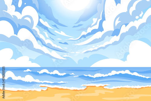 Ocean background, seashore and blue sky with sun and clouds. Beach shore, water waves and horizon, tropical seaside, sea summer travel. Marine vacations. Vector garish illustration landscape