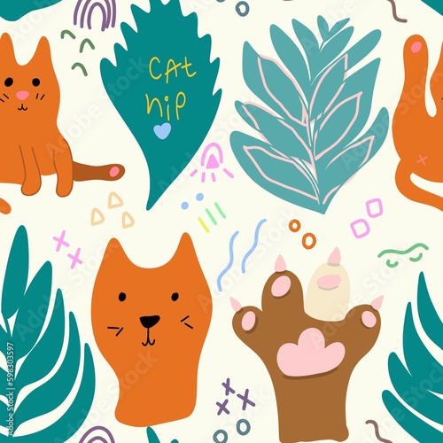 Cute animal seamless pattern with red cats and catnip raster 6000x6000 jpeg